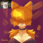 1:1 :3 abstract_background absurd_res anthro artist_name big_breasts black_clothing black_collar black_leotard breasts bust_portrait chest_tuft cleavage clothed clothing collar countershade_face countershade_fur countershade_torso countershading digital_media_(artwork) domestic_cat ear_piercing felid feline felis female front_view fur hair hair_over_eyes hi_res justbirb leotard mammal orange_body orange_fur orange_hair paprika_(justbirb) piercing pink_nose pink_tongue portrait reference_image snaggle_tooth solo tan_body tan_countershading tan_fur tongue tongue_out tuft