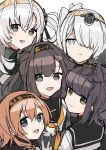  5girls akizuki_(kancolle) blue_eyes brown_eyes fuyutsuki_(kancolle) gloves grey_eyes grey_hair hachimaki hair_between_eyes hair_over_one_eye hatsuzuki_(kancolle) headband headgear highres kantai_collection looking_at_viewer multiple_girls neckerchief open_mouth orange_neckerchief sayuwan school_uniform serafuku simple_background smile suzutsuki_(kancolle) teruzuki_(kancolle) v white_background 