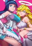  2girls :q absurdres bangs bare_shoulders blonde_hair blue_eyes blue_hair blunt_bangs breasts bridal_gauntlets cete_(controllingtime) choker dress frilled_choker frills grin highres holding holding_clothes holding_panties holding_underwear medium_breasts multicolored_hair multiple_girls panties panty_&amp;_stocking_with_garterbelt panty_(psg) pink_background pink_hair simple_background sleeveless sleeveless_dress smile stocking_(psg) swept_bangs teeth tongue tongue_out two-tone_hair underwear white_choker white_panties yellow_choker 