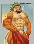  1boy abs animal_ears arsalan_(housamo) bara beard breath claws closed_eyes english_commentary facial_hair fangs furry furry_male highres laughing lhjal2 lion_boy lion_ears lion_mane lion_tail male_focus muscular muscular_male nipples nude open_mouth patreon_username pectorals pubic_hair solo tail thick_eyebrows tokyo_afterschool_summoners 