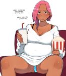  1girl blush breasts cleavage couch cup dark-skinned_female dark_skin disposable_cup drinking_straw earrings english_text food jewelry looking_at_viewer ohasi open_mouth original panties panty_peek pink_(ohasi) pink_hair plump popcorn short_hair simple_background sitting solo spread_legs sweat sweater underwear 