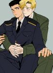  2boys absurdres ao_isami black_hair blonde_hair blush couple eye_contact facial_hair happy heads_together highres hug hug_from_behind ice_nomu interracial lewis_smith looking_at_another male_focus medium_sideburns military_uniform multiple_boys nose_blush pants sideburns_stubble sitting smile stubble thick_eyebrows uniform yaoi yuuki_bakuhatsu_bang_bravern 