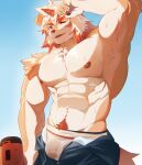  1boy abs absurdres adkt arknights arm_up armpits bara black_pants blue_sky bulge claws colored_tips english_commentary fang fang_out furry furry_male highres horns hung_(arknights) komainu_boy komainu_ears komainu_tail looking_at_viewer male_focus male_underwear multicolored_hair muscular muscular_male nipples one_eye_closed open_fly open_mouth pants pawpads single_horn sky sweat topless_male underwear white_male_underwear wiping_sweat yellow_eyes 