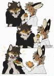 2024 anthro canid canine canis clothed clothing comic compression_artifacts cute_fangs digital_media_(artwork) duo eating felid feline food fur hair happy kemono looking_at_another male male/male male_anthro mammal multicolored_body multicolored_fur multicolored_hair open_mouth sandwich_(food) serval sharing simple_background tongue white_background windwttom wolf
