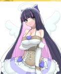  1girl angel_wings bangs bare_shoulders blue_bow blue_hair blunt_bangs bow bracelet breasts choker cleavage closed_mouth elbow_gloves frilled_choker frills gloves green_eyes hair_bow halo hand_on_own_arm jewelry large_breasts multicolored_hair panty_&amp;_stocking_with_garterbelt pink_hair smile solo stocking_(psg) sui62 two-tone_hair upper_body white_gloves wings 