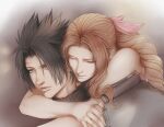  1boy 1girl aerith_gainsborough armor arms_around_neck bare_shoulders black_hair blue_eyes braid braided_ponytail brown_hair closed_eyes commentary couple crisis_core_final_fantasy_vii crylin6 english_commentary final_fantasy final_fantasy_vii hair_ribbon heads_together highres hug hug_from_behind long_hair parted_bangs parted_lips pink_ribbon ribbed_sweater ribbon scar scar_on_cheek scar_on_face short_hair shoulder_armor sleeveless sleeveless_turtleneck spiked_hair sweater turtleneck turtleneck_sweater upper_body zack_fair 