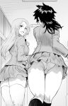  2girls arisawa_tatsuki ass back black_hair bleach breasts butt_crack daraz from_behind highres indoors inoue_orihime large_breasts long_hair long_sleeves looking_back medium_hair monochrome multiple_girls open_mouth panties pleated_skirt school school_uniform shirt skirt socks thighhighs thighs underwear 