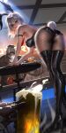  1boy 1girl animal_ears arm_strap ashe_(overwatch) ass bent_over black_leotard bob_(overwatch) boots clothed_robot detached_collar earrings fake_animal_ears fishnet_pantyhose fishnets high_heel_boots high_heels highres jewelry leotard liang_xing looking_at_viewer mole mole_above_mouth overwatch pantyhose playboy_bunny rabbit_ears rabbit_tail red_eyes red_lips robot short_hair signature solo strapless strapless_leotard tail thigh_boots web_address white_hair wrist_cuffs 