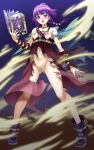 1girl absurdres aerokinesis bare_shoulders blue_cape blush book boots bracer breasts cape fire_emblem fire_emblem:_the_sacred_stones full_body highres holding holding_book looking_at_viewer low_twintails lute_(fire_emblem) magic nipples open_book open_mouth purple_eyes purple_hair sirano small_breasts solo standing torn_clothes twintails wind 
