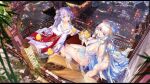  4girls alternate_costume architecture azur_lane blonde_hair blue_eyes blue_flower bridge commentary_request double_bun east_asian_architecture flower formidable_(azur_lane) from_above gloves grey_hair hair_bun hair_flower hair_ornament half_gloves highres illustrious_(azur_lane) laurel_crown long_hair looking_at_viewer looking_up manjuu_(azur_lane) multiple_girls purple_eyes purple_hair sitting swd3e2 thighhighs twintails unicorn_(azur_lane) very_long_hair victorious_(azur_lane) white_gloves white_hair white_thighhighs 
