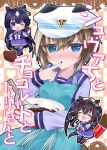  3girls :3 :d ;d ^_^ animal_ears apron beret black_hair blue_apron blue_eyes blue_ribbon blush brown_footwear brown_hair candy checkered_background cheval_grand_(umamusume) chibi chocolate chocolate_bar chocolate_on_hand closed_eyes club_(shape) commentary_request cover cover_page diamond_(shape) ears_through_headwear finger_to_mouth food food_on_hand hair_between_eyes hair_ribbon hat heart horse_ears horse_girl horse_tail k_hiro long_sleeves mixing_bowl mole mole_under_eye multicolored_hair multiple_girls one_eye_closed peaked_cap pleated_skirt puffy_long_sleeves puffy_sleeves purple_eyes purple_shirt purple_skirt purple_thighhighs ribbon school_uniform shirt shoes skirt smile tail thighhighs tracen_school_uniform translation_request twintails two-tone_hair umamusume verxina_(umamusume) vivlos_(umamusume) whisk white_hair white_headwear 
