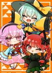  3girls animal_ears blue_shirt cat_ears chibi floral_print frilled_sleeves frills green_hair green_skirt hair_ornament hairband happy hat heart heart_hair_ornament heart_of_string highres kaenbyou_rin komeiji_koishi komeiji_satori multiple_girls pink_hair pink_skirt rose_print sekkaku_nuru shirt siblings sisters skirt third_eye touhou yellow_shirt 