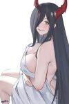 1girl absurdres arms_under_breasts ass azur_lane bed_sheet black_hair blush breasts covering_privates friedrich_der_grosse_(azur_lane) hair_over_one_eye highres horns large_breasts long_hair looking_at_viewer mature_female mechanical_horns milephunter naked_sheet nude_cover one_eye_covered parted_lips red_horns sidelocks signature simple_background sitting solo straight_hair teeth very_long_hair white_background yellow_eyes 