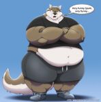 annoyed anthro belly brown_body brown_fur canid canine canis claws clothed clothing crossed_arms dialogue english_text frown fur hi_res male mammal musclegut muscular muscular_anthro muscular_male navel open_mouth overweight overweight_anthro overweight_male scowl solo speech_bubble standing text thick_thighs tight_clothing wide_hips wolf xxsparcoxx
