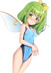  1girl bare_arms bare_legs bare_shoulders blue_one-piece_swimsuit blush breasts closed_mouth collarbone covered_navel cowboy_shot daiyousei fairy fairy_wings green_eyes green_hair kouzuki_tsubasa_(musou_kaidou) long_hair looking_at_viewer one-piece_swimsuit second-party_source side_ponytail small_breasts smile solo swimsuit touhou transparent_background wings 