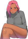  1girl ? crossed_legs dark-skinned_female dark_skin dress english_text long_sleeves looking_at_viewer ohasi original pink_(ohasi) pink_hair ribbed_sweater short_hair simple_background solo sweat sweater turtleneck turtleneck_sweater white_background 