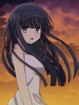  1girl :d @_@ arm_at_side black_eyes black_hair blunt_bangs blunt_ends breasts commentary crazy_eyes dress floating_hair from_side highres large_breasts long_hair looking_at_viewer mahigu_re open_mouth orange_sky outdoors sky smile solo straight_hair subarashiki_hibi sundress sunset takashima_zakuro upper_body white_dress 