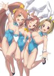  3girls :d ;d absurdres animal_ears armpits arukiru bare_legs bare_shoulders blue_leotard bow breasts brown_hair cleavage detached_collar fake_animal_ears hair_bow highleg highleg_leotard highres idolmaster idolmaster_cinderella_girls large_breasts leotard long_hair manabe_itsuki multiple_girls one_eye_closed open_mouth playboy_bunny rabbit_ears red_eyes red_hair saito_yoko short_hair simple_background smile thighs wakabayashi_tomoka white_background yellow_bow 