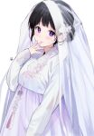  1girl alternate_costume alternate_hairstyle black_hair breasts chitanda_eru dress flower hair_flower hair_ornament hand_up highres hyouka looking_at_viewer mery_(yangmalgage) purple_eyes short_hair smile solo veil white_dress 