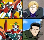  3boys anime_coloring ao_isami black_hair blonde_hair bodysuit bravern constricted_pupils drakeposting_(meme) facial_hair fle0423 gloves highres index_finger_raised lewis_smith light_blush looking_up male_focus mecha medium_sideburns meme multiple_boys no_(gesture) peeking_out robot scared sideburns_stubble split_screen stubble super_robot sweatdrop thick_eyebrows turn_pale upper_body v-shaped_eyebrows yes_(gesture) yuuki_bakuhatsu_bang_bravern 