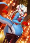 anthro big_butt blush breasts butt camel_toe clothed clothing dragon female fur hair hi_res horn looking_at_viewer smile solo tail wolflong wolflong_(character)