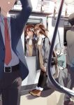  1girl black_pants blurry blurry_foreground blush boots brown_footwear brown_hair closed_mouth coat fur-trimmed_boots fur_trim grey_coat highres looking_at_mirror mirror open_clothes open_coat original pants pentagon_(railgun_ky1206) pink_eyes smile solo_focus standing train_interior 
