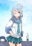  1girl alternate_hairstyle blue_hair blue_sailor_collar blue_skirt blue_sky bottle brown_eyes cloud coca-cola commentary_request commission cowboy_shot dixie_cup_hat enjaku_izuku hair_down hat highres kantai_collection little_blue_whale_(kancolle) long_hair long_sleeves military_hat one_eye_closed pleated_skirt sailor_collar samuel_b._roberts_(kancolle) samuel_b._roberts_mk_ii_(kancolle) school_uniform serafuku shirt skirt sky soda_bottle solo whale white_headwear white_shirt 