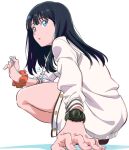  1girl :o arm_support black_hair blue_eyes cardigan commentary dated earphones gridman_universe holding long_hair long_sleeves looking_at_viewer miyahara_takuya orange_scrunchie parted_lips scrunchie simple_background single_earphone_removed solo squatting ssss.gridman takarada_rikka watch white_background white_cardigan wrist_scrunchie wristwatch 