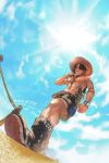  1boy arm_tattoo black_hair boots clenched_hand cloud commentary dm_0820 elbow_pads hat highres jewelry male_focus necklace one_piece orange_headwear portgas_d._ace short_hair shorts sky smile solo sun symbol-only_commentary tattoo topless_male 