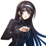  1girl artist_request black_hair black_hairband black_shirt blue_eyes breasts code_geass code_geass:_lost_stories hairband hand_up lace-trimmed_hairband lace_trim long_hair long_sleeves looking_at_viewer maya_disel non-web_source official_art order_of_the_black_knights_uniform parted_lips shirt sidelocks simple_background small_breasts solo standing teeth transparent_background upper_body v-shaped_eyebrows 