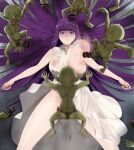  1girl 6+boys :d bare_shoulders blunt_bangs bouncing_breasts breasts dress erection expressionless fern_(sousou_no_frieren) goblin groin hetero highres large_breasts long_hair lying multiple_boys navel nipples on_back paid_reward_available purple_eyes purple_hair rape sex shaded_face sharp_teeth shoujo_donburi smile sousou_no_frieren teeth tongue tongue_out very_long_hair white_dress 