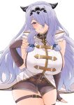  1girl absurdres alternate_costume black_gloves braid breasts camilla_(fire_emblem) cosplay crown_braid fingerless_gloves fire_emblem fire_emblem_fates genm7 gloves granblue_fantasy highres large_breasts looking_at_viewer low-tied_sidelocks narmaya_(granblue_fantasy) narmaya_(granblue_fantasy)_(cosplay) parted_lips purple_eyes purple_hair shorts sideboob sidelocks smile solo teeth thigh_strap tiara white_background 