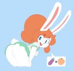  2022 absurd_res anthro bent_over bottomwear buckteeth butt clothed clothing clover_(r0cketjumper) ears_up female genitals hair hi_res lagomorph leporid long_ears looking_at_viewer looking_back looking_back_at_viewer mammal open_mouth open_smile orange_hair pictographics presenting presenting_hindquarters presenting_pussy pussy r0cketjumper rabbit skirt smile solo teeth upskirt white_body 