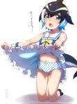  1girl black_hair blue_eyes blue_hair bow bowtie cetacean_tail common_dolphin_(kemono_friends) dolphin_girl dress fins fish_tail head_fins highres kemono_friends kemono_friends_3 looking_at_viewer multicolored_hair navel nuruniku panties sailor_dress shoes short_hair simple_background sleeveless solo tail two-tone_hair underwear wristband 