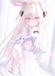  1girl animal_ear_piercing animal_ears black_bow blonde_hair blunt_bangs blush bow capelet commission dress extra_ears eyes_visible_through_hair frilled_capelet frills frown fur-trimmed_dress fur_trim hair_between_eyes hair_bow hair_ornament highres indie_virtual_youtuber long_hair looking_at_viewer multiple_hair_bows outstretched_hand pink_bow pink_eyes plaid plaid_dress rabbit_ears rabbit_girl second-party_source skeb_commission solo uniunibone usatama_amyu very_long_hair x_hair_ornament 