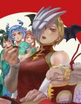  4girls absurdres asui_tsuyu blue_eyes blue_hair blue_kimono boku_no_hero_academia brown_eyes brown_hair character_doll china_dress chinese_clothes chinese_zodiac choko_(cup) cup dragon_girl dress ear_piercing green_eyes green_hair green_kimono hadou_nejire hair_rings half_mask highres japanese_clothes kimono mask mask_over_one_eye multiple_girls new_year piercing pink_kimono red_dress ryuukyuu sharp_teeth sleeveless_turtleneck_dress teeth turtleneck_dress uraraka_ochako year_of_the_dragon yomoyama_yotabanashi 