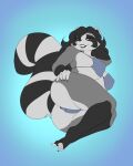 anthro big_breasts blackbetty bottomwear breasts butt clothed clothing female franciene_(tango&#039;s_family) fur hair hi_res looking_at_viewer mammal procyonid raccoon simple_background smile solo tail thick_thighs
