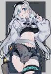  1girl animal_ears arknights aurora_(arknights) bear_ears bear_girl black_hairband black_shirt blue_eyes breasts bulge covered_penis covered_testicles cowboy_shot cropped_jacket cropped_shirt erection erection_under_clothes futanari grey_background grey_hair grey_jacket grey_shorts hairband highres jacket long_hair long_sleeves looking_at_viewer medium_breasts mirin_chikuwa navel open_mouth pants precum precum_through_clothes shirt shorts solo thigh_strap two-tone_background 
