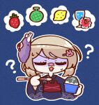  1girl :3 ? absurdres bandaid bandaid_on_face bandaid_on_nose blue_background blue_kimono brown_hair cantaloupe closed_eyes cropped_torso fang flower food fruit furrowed_brow hair_ornament hairclip highres holding holding_spoon hydrangea japanese_clothes kimono lemon natori_sana obi open_mouth sana_channel sash seigaiha shaded_face shaved_ice simple_background solo souda_suisui spoon spoon_straw strawberry sweat turn_pale upper_body virtual_youtuber yukata 