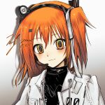  1girl a.i._voice adachi_rei android aramu artificial_eye black_shirt blush closed_mouth commentary dated drop_shadow gradient_background hair_ribbon headlamp headset highres jacket lens_eye long_hair looking_at_viewer mechanical_eye one_side_up open_clothes open_jacket orange_hair portrait radio_antenna ribbon shirt signature simple_background smile solo turtleneck utau white_background white_jacket white_ribbon 