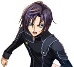  1boy artist_request black_hair black_shirt blue_eyes code_geass code_geass:_lost_stories long_sleeves looking_at_viewer male_focus mario_disel non-web_source official_art open_mouth order_of_the_black_knights_uniform shirt short_hair sidelocks simple_background solo standing teeth transparent_background upper_body v-shaped_eyebrows 