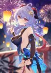  1girl absurdres ahoge bad_hands bare_shoulders blue_dress blue_hair breasts detached_sleeves dress fireworks ganyu_(genshin_impact) ganyu_(twilight_blossom)_(genshin_impact) genshin_impact gloves goat_horns highres horns long_hair looking_at_viewer mengxin_huazha official_alternate_costume purple_eyes solo thighs 