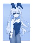  1girl animal_ears bow bowtie breasts chaika_trabant closed_mouth detached_collar fake_animal_ears greyscale highres hitsugi_no_chaika leotard long_hair looking_at_viewer monochrome pantyhose playboy_bunny rabbit_ears solo squid_neetommy strapless strapless_leotard wrist_cuffs 