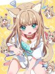  1girl :3 :d animal_collar animal_ear_fluff animal_ears aqua_eyes ball bare_legs barefoot between_legs borrowed_character cat_ears cat_girl cat_tail cat_teaser chibi collar fang hand_between_legs highres irasutogakari kinako_(40hara) light_brown_hair long_hair looking_at_viewer naked_shirt no_pants open_mouth original playing red_collar shirt sitting sleeping smile stuffed_animal stuffed_fish stuffed_lobster stuffed_toy tail wariza white_shirt 