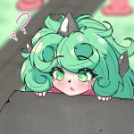  1girl ? ?? absurdres blurry blurry_background blush commentary curly_hair english_commentary green_eyes green_hair highres horns komano_aunn open_mouth outdoors rownou single_horn solo touhou 