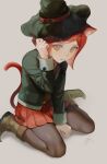  1girl :o animal_ears black_headwear black_jacket brown_eyes brown_footwear brown_pantyhose cat_ears cat_tail danganronpa_(series) danganronpa_v3:_killing_harmony full_body gem hand_up hat highres jacket long_sleeves looking_at_viewer open_clothes open_jacket pantyhose red_hair red_skirt shiromo_ooo short_hair simple_background skirt solo tail white_background witch_hat yumeno_himiko 