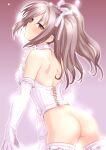  1girl ass back blush bottomless corset elbow_gloves gloves grey_eyes grey_hair hair_ribbon idolmaster idolmaster_cinderella_girls kanzaki_ranko long_hair looking_at_viewer looking_back ribbon sakaki_imasato shoulder_blades smile solo thighhighs twintails white_gloves white_ribbon white_thighhighs 