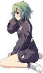  1girl black_socks blush eyepatch full_body green_eyes green_hair grey_jacket hair_between_eyes jacket kantai_collection kiso_(kancolle) long_sleeves official_art open_mouth shoes short_hair sneakers socks solo torn_clothes torn_jacket transparent_background ugume white_footwear 