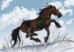 beard belt black_mane bottomwear clothing cloud digital_media_(artwork) digital_painting_(artwork) equid equine facial_hair hi_res hooves horn horse male mammal mane pants ponynok running shirt snow solo suspended_in_midair tail topwear torn_clothing unicorn