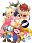  1girl 4boys absurdres blonde_hair blue_cape blue_eyes blue_headwear bob-omb bowser brooch brown_hair cape chain_chomp collar crown cymbals dress earrings elbow_gloves facial_hair fangs frying_pan geno_(mario) gloves hat highres holding holding_mallet horns instrument jewelry looking_at_viewer mallet mallow_(mario) mario mario_(series) multiple_boys mustache overalls pink_dress princess_peach puffy_short_sleeves puffy_sleeves red_headwear shinsou_komachi short_sleeves simple_background smile spiked_collar spikes super_mario_rpg white_background white_gloves 